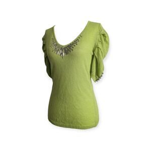 ALBERTO MAKALI Embellished V-Neck Sweater with puff sleeves ~ Lime Chartreuse